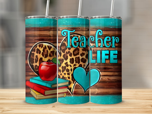 Teacher Life tumbler with apple, books, and leopard print heart.