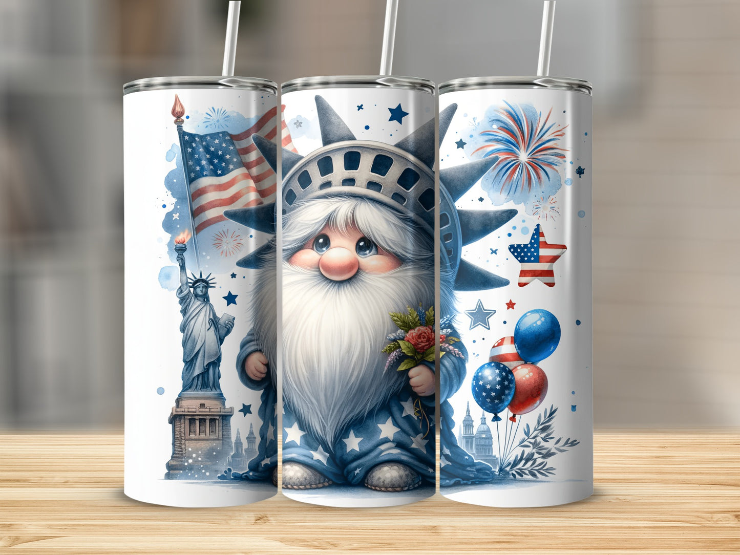 Patriotic gnome with Statue of Liberty, American flag, and fireworks.