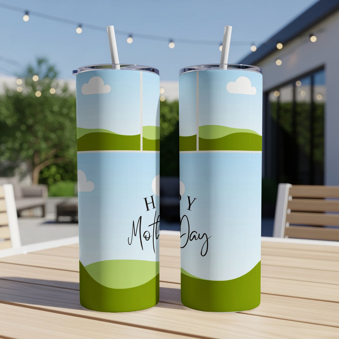 Two tumblers with "Happy Mother's Day" text and a sky and rolling green hills design.