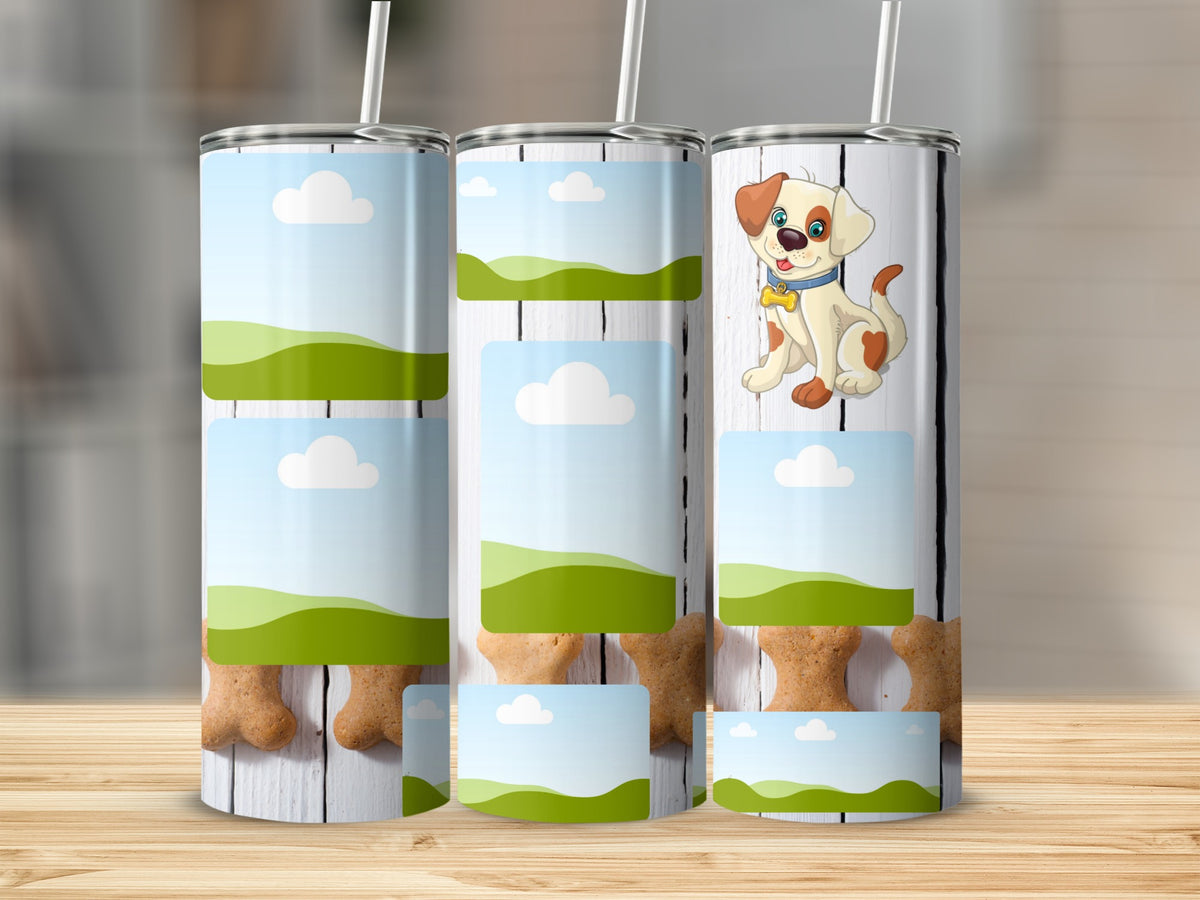 Three tumblers with dog bone and cloud designs, one featuring a cartoon dog.