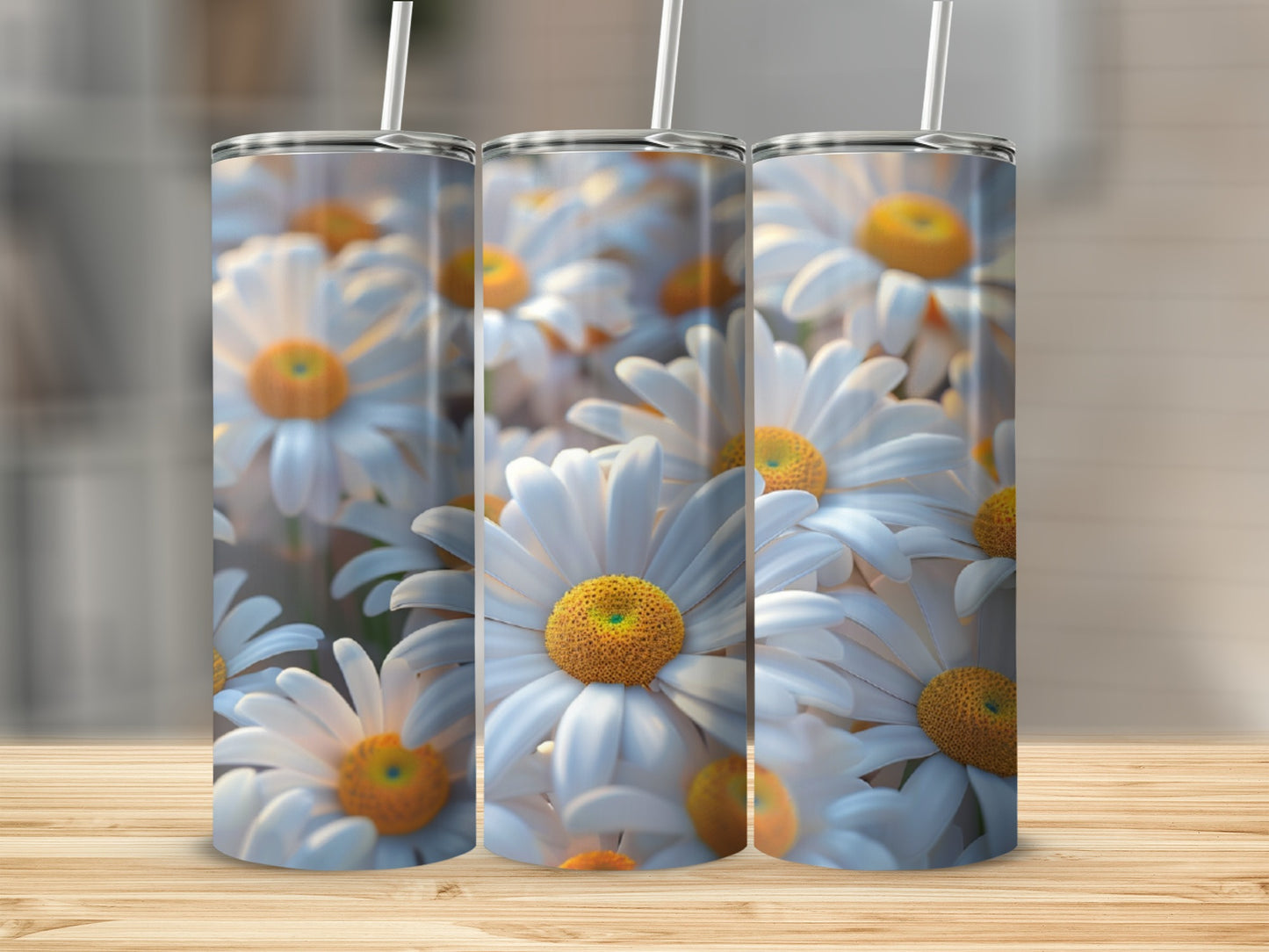 Three tumblers featuring a close-up pattern of white daisies with yellow centers.