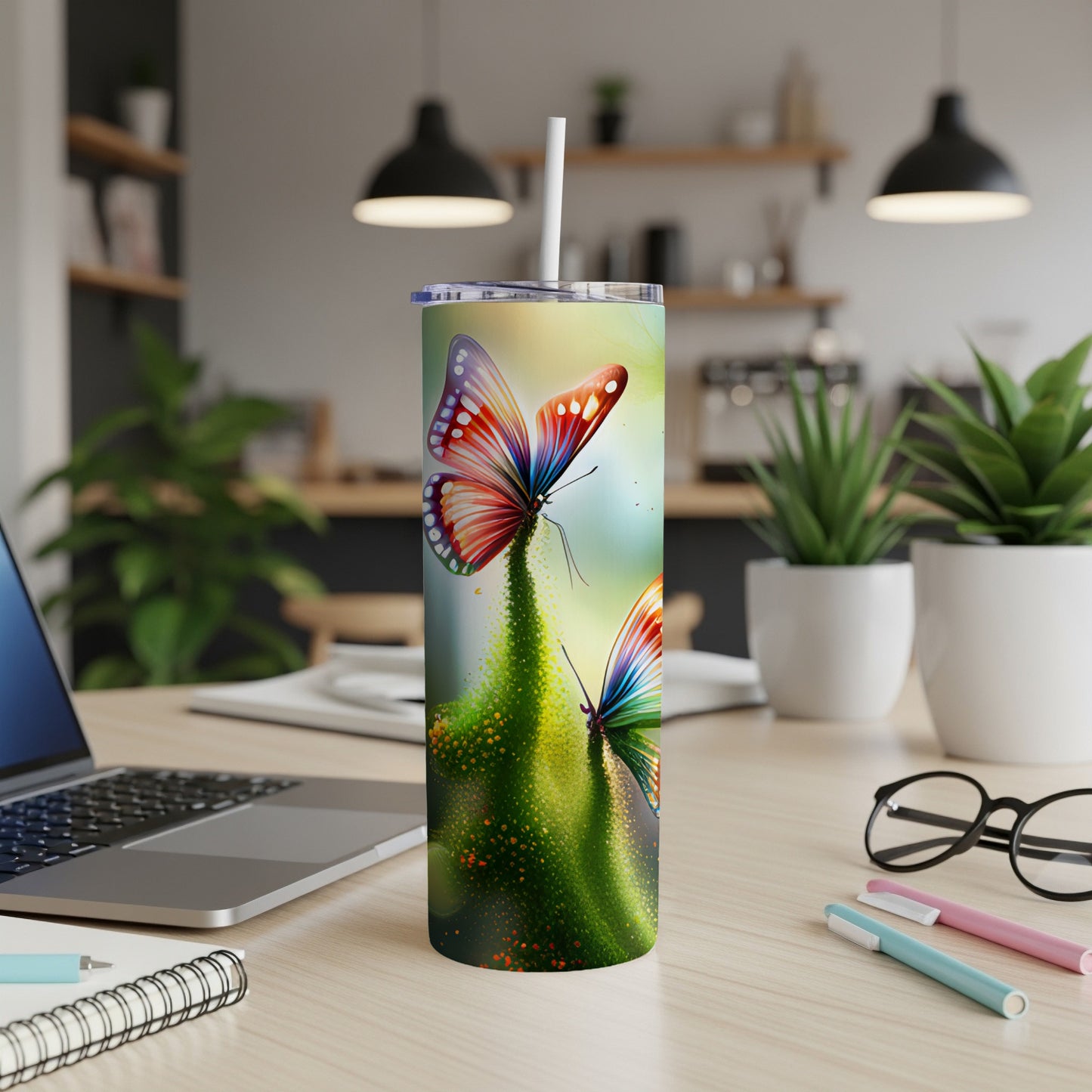 Two colorful butterflies on a green textured stalk with blurred kitchen background.