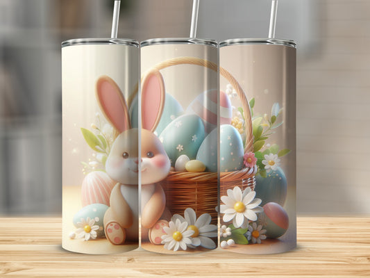 Easter bunny with basket of decorated eggs and flowers.