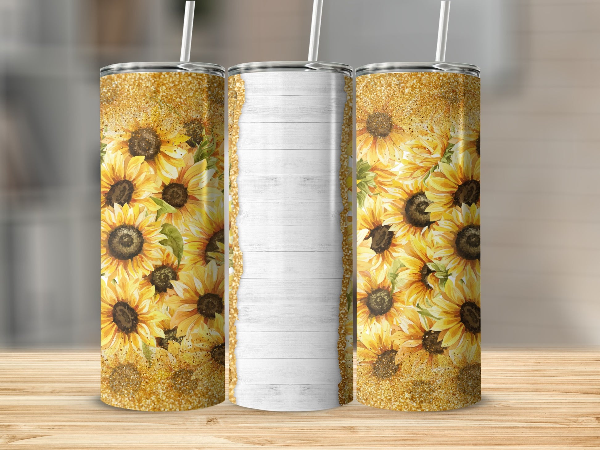 Sunflower tumbler with white wood accent and gold glitter.