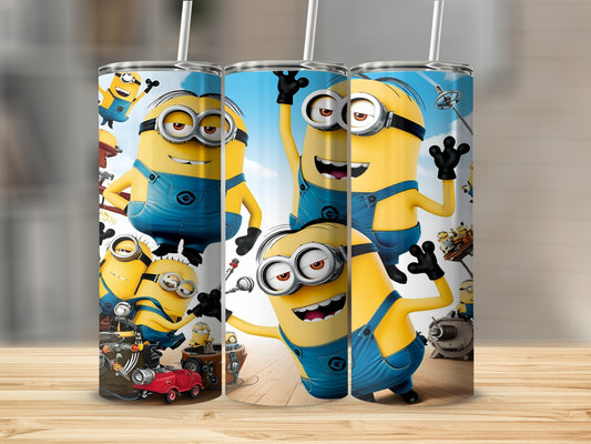 Three Minions in blue overalls holding straws, with a red car and machinery.