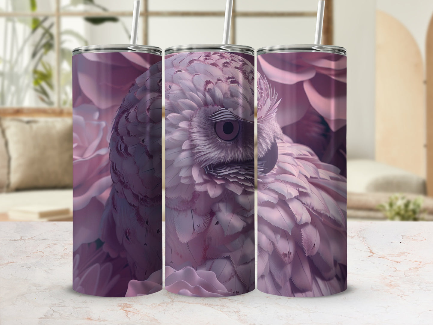 Close-up of an owl's face on a purple tumbler with floral background.