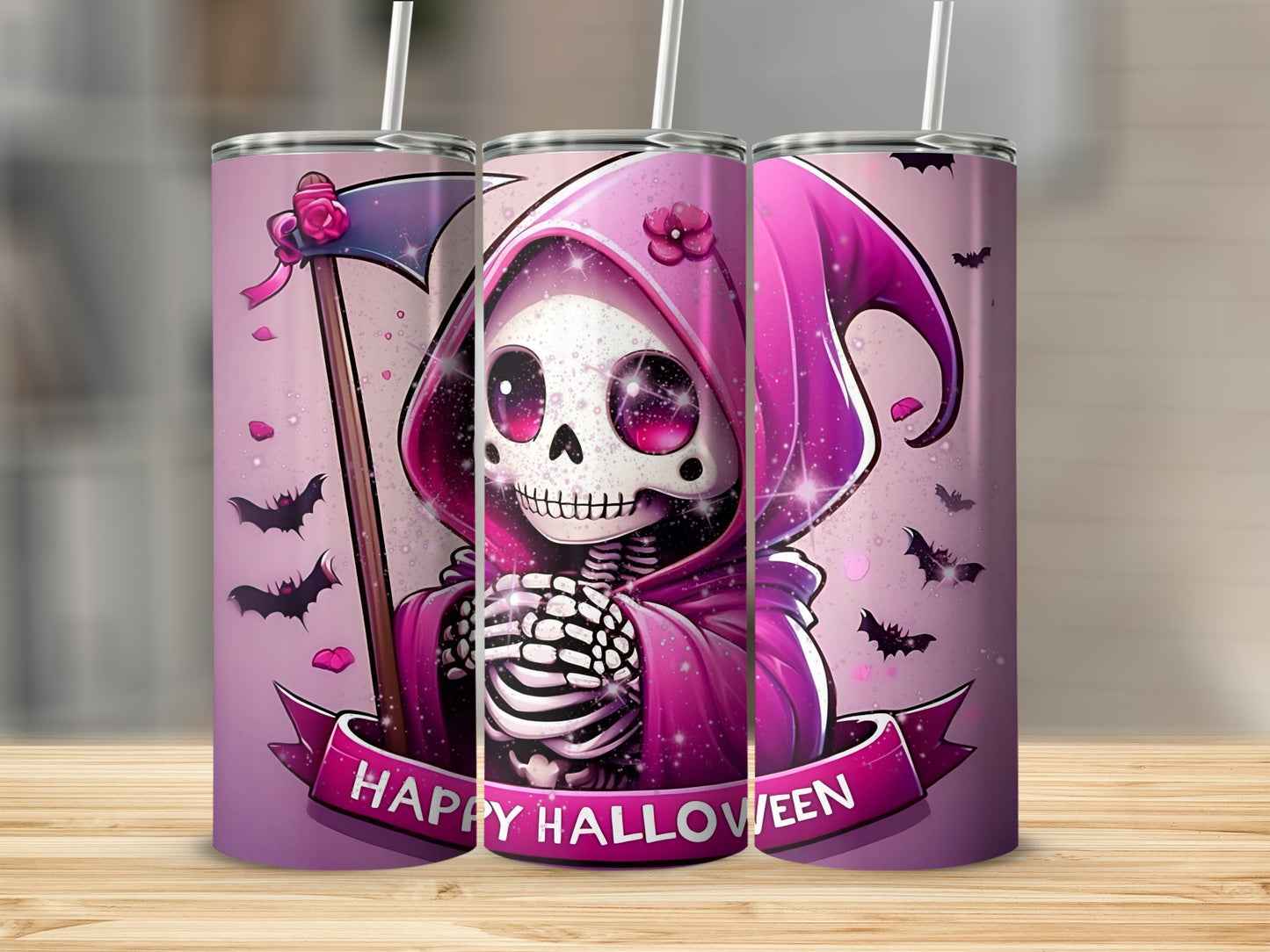 Happy Halloween Skeleton Pink and Bat Tumbler Cup