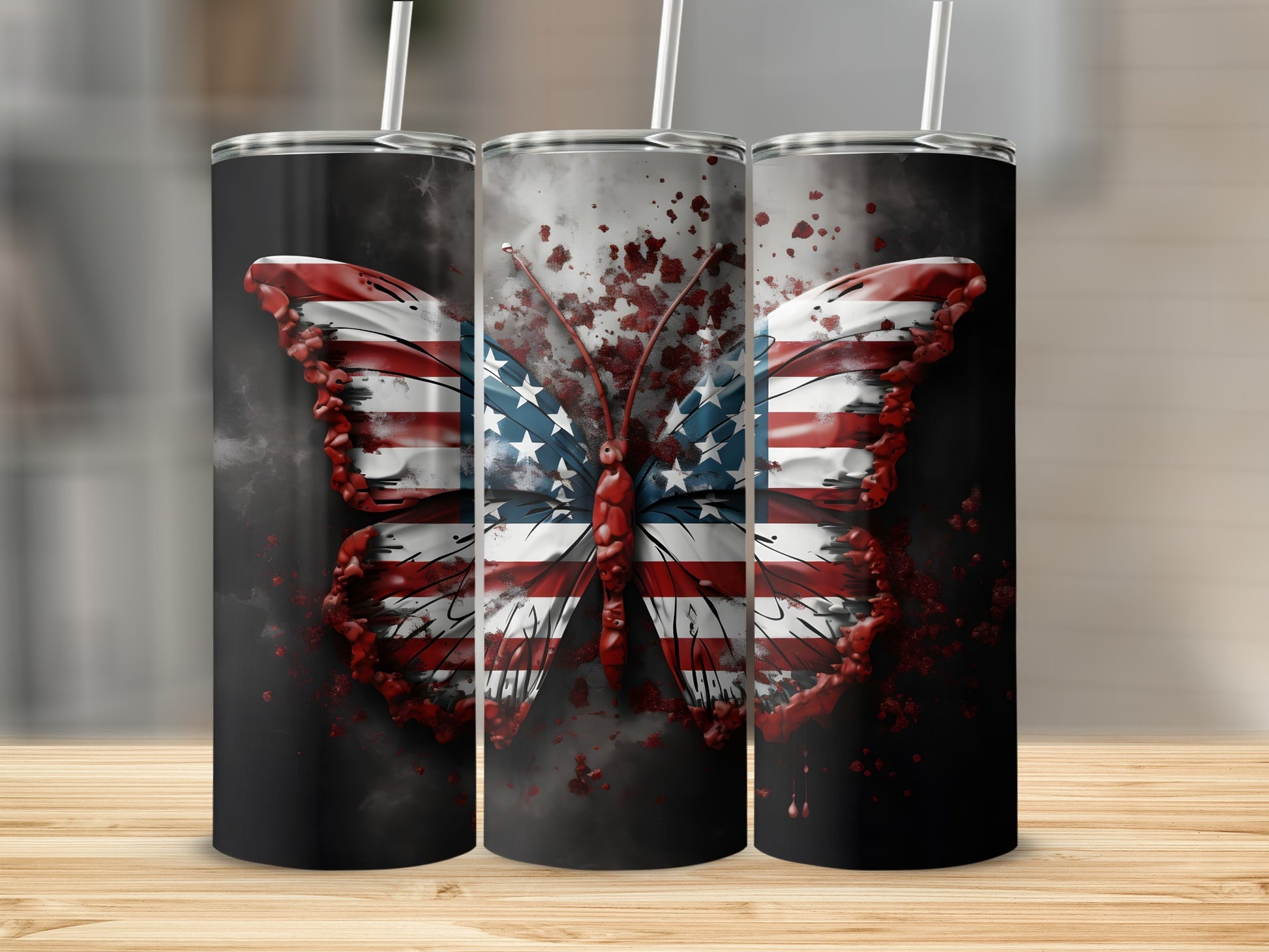 Butterfly with American flag wings, stained with red splatters, on black background.