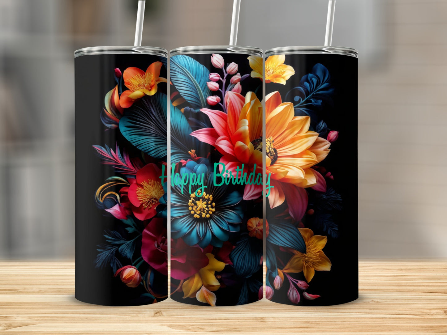 Black tumbler with vibrant floral design and "Happy Birthday" text.