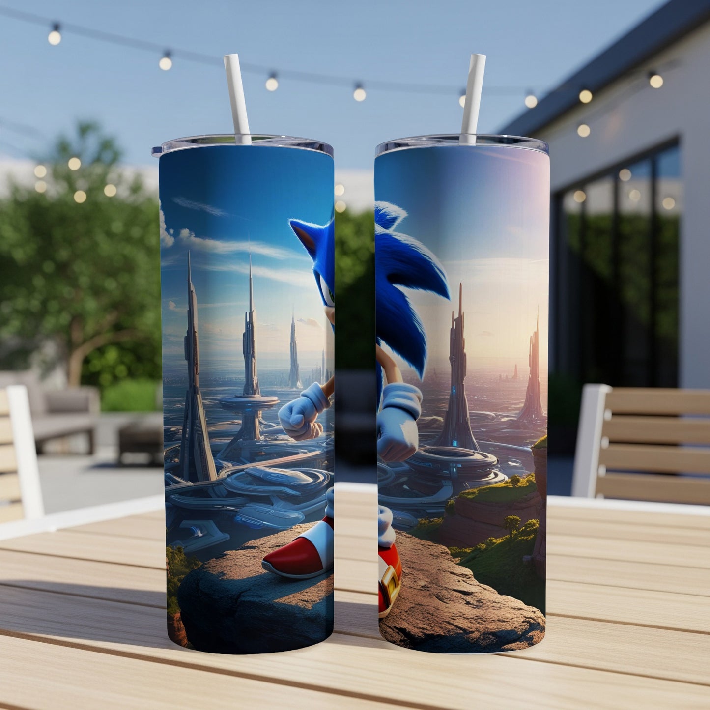 Sonic the Hedgehog in futuristic cityscape on a tumbler.