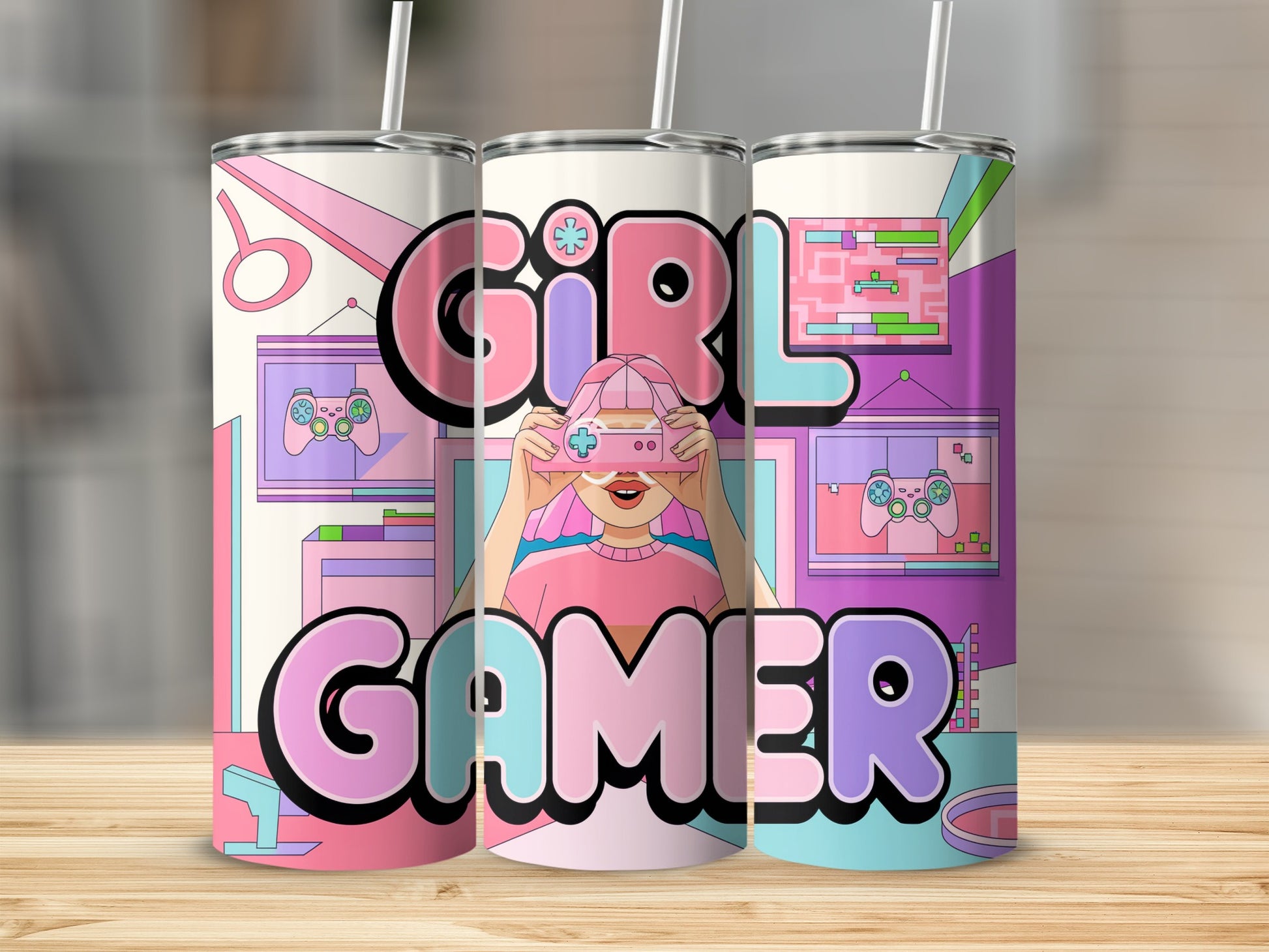 Girl gamer illustration with pastel pink, purple, and blue gaming screens.