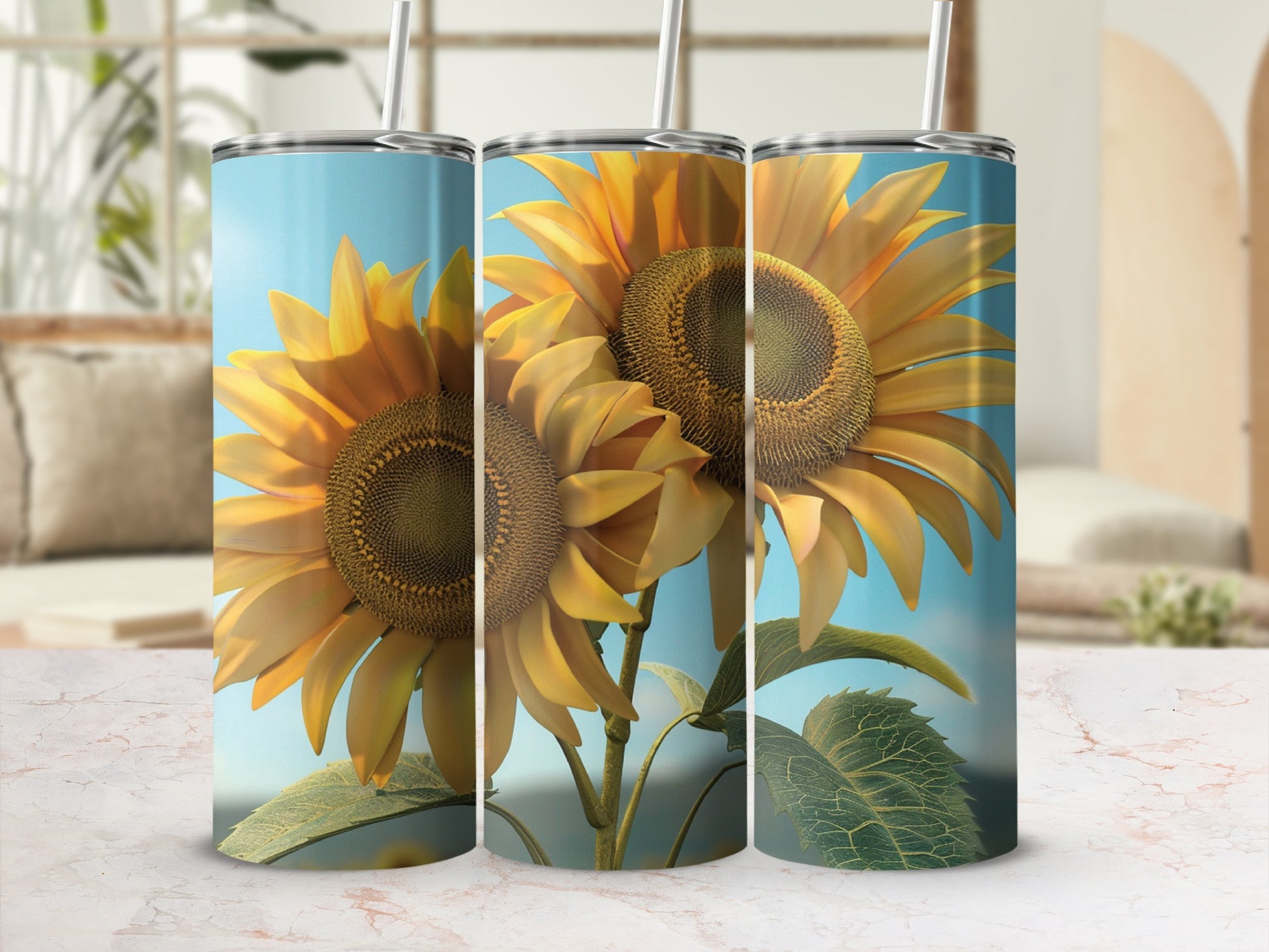 Three sunflowers with straws against a blurred background.