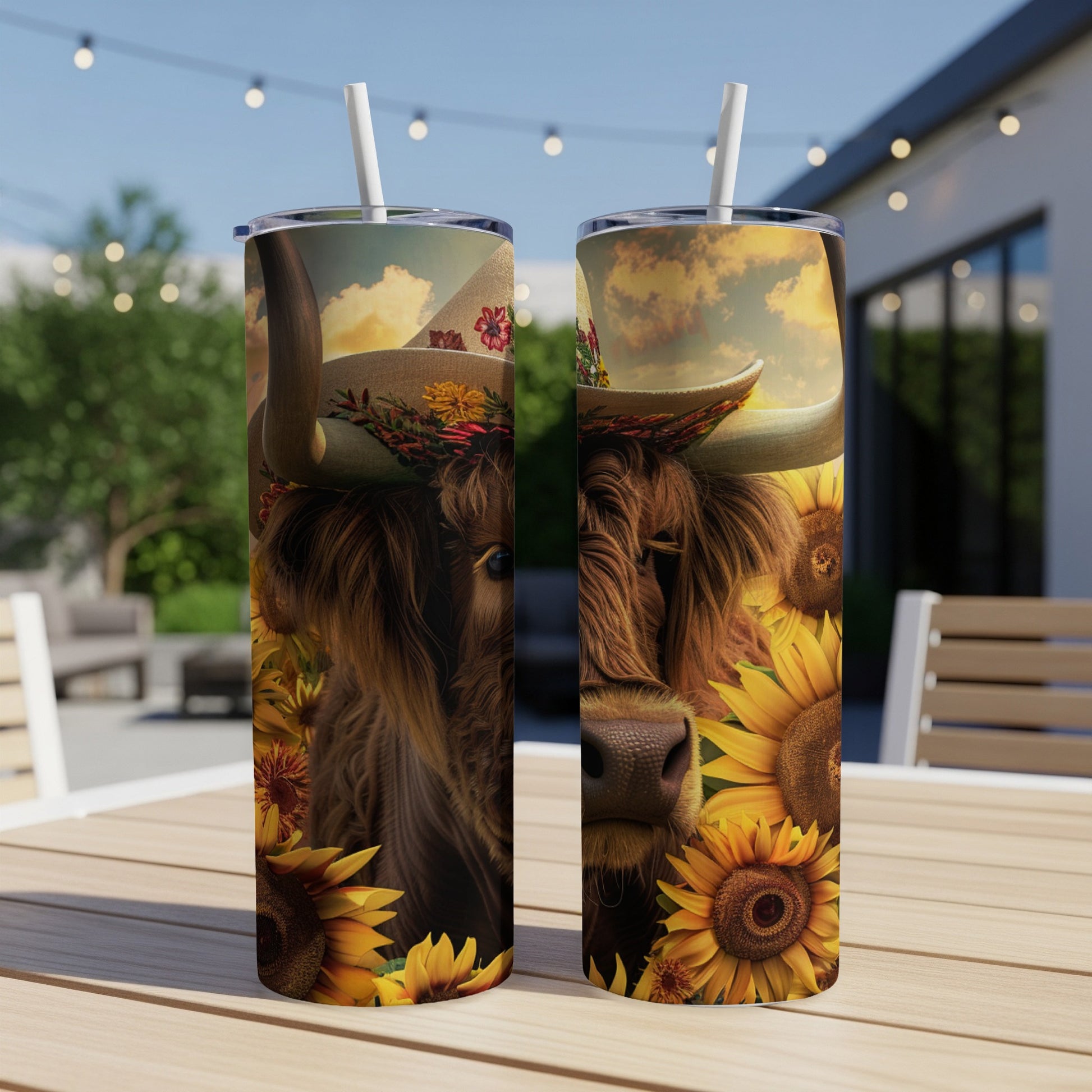 Highland cow wearing a floral hat surrounded by sunflowers on a tumbler.