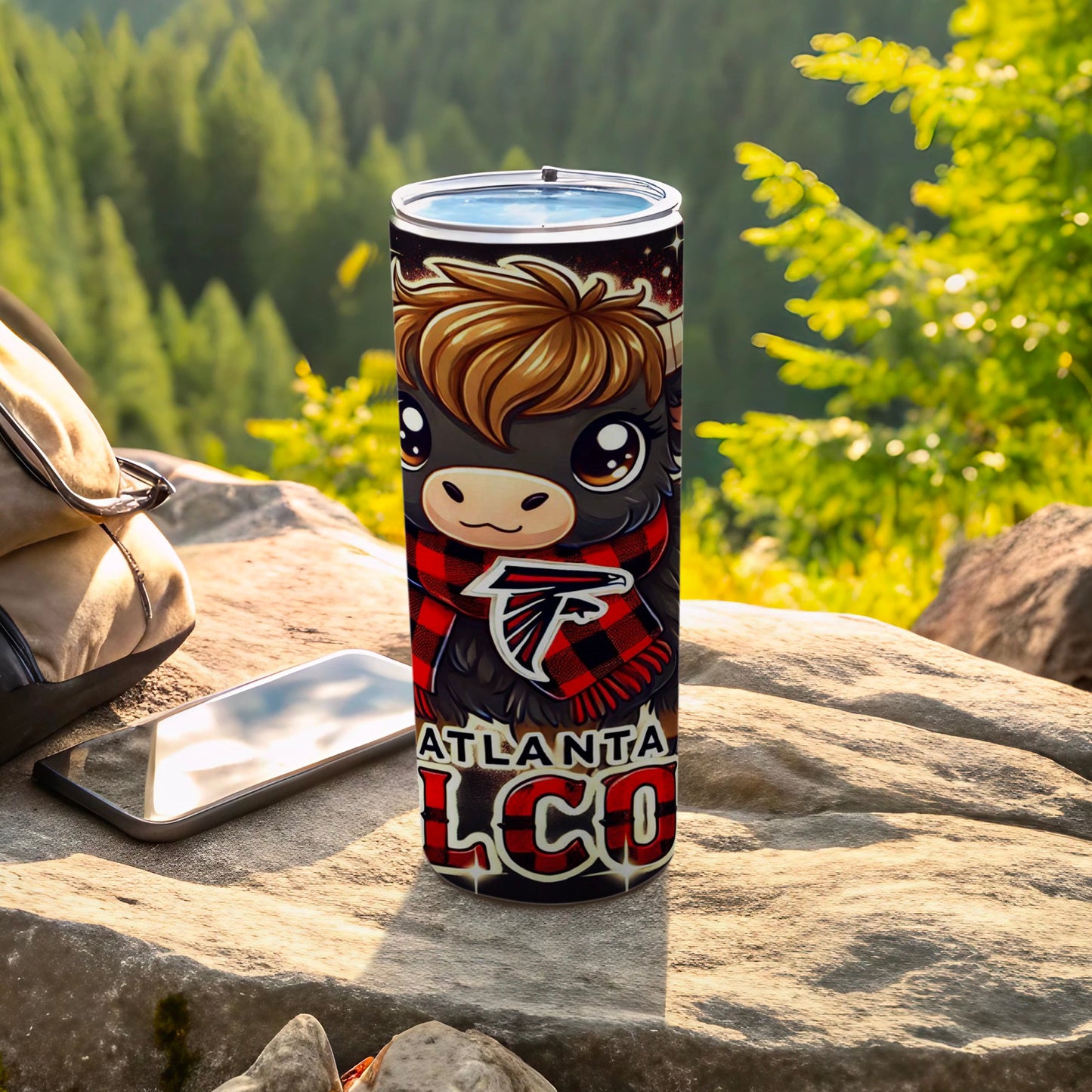 Cartoon Atlanta Falcons llama with scarf on tumbler.