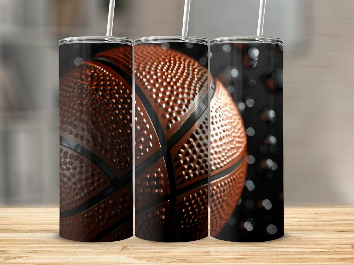 Basketball tumbler with a dark background and water droplets.