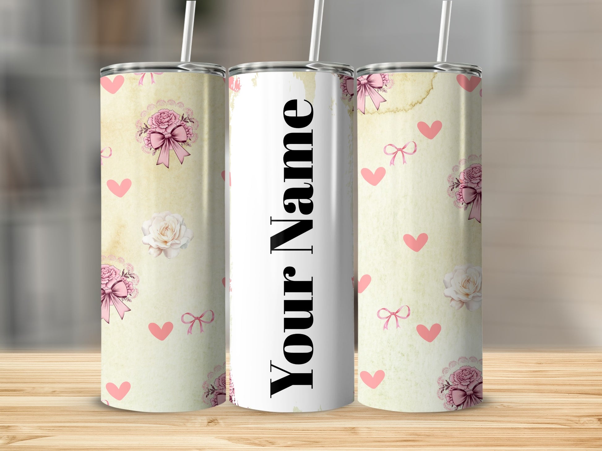 Personalized Floral Hearts And Bows Tumbler