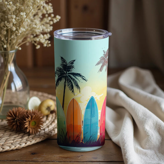 Colorful Surfboard and Palm Tree Tumbler product