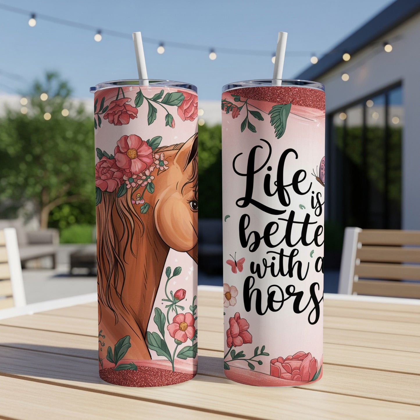 Two tumblers with horse and floral designs, one with text "Life is better with hors".