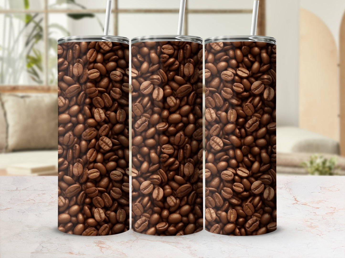 Three tumblers covered in a pattern of roasted coffee beans.