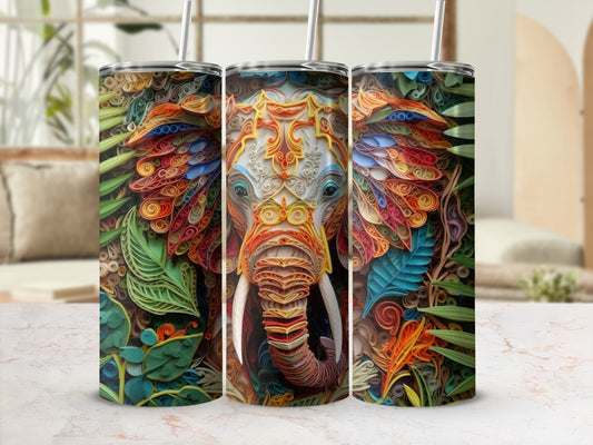 Close-up of a colorful, ornate elephant design on three tumblers.