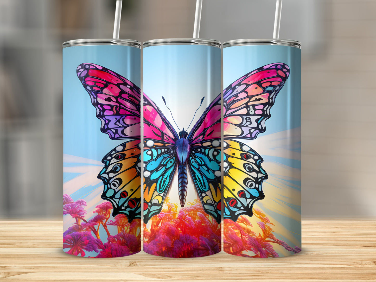Colorful butterfly on a sublimation tumbler with tropical floral accents.