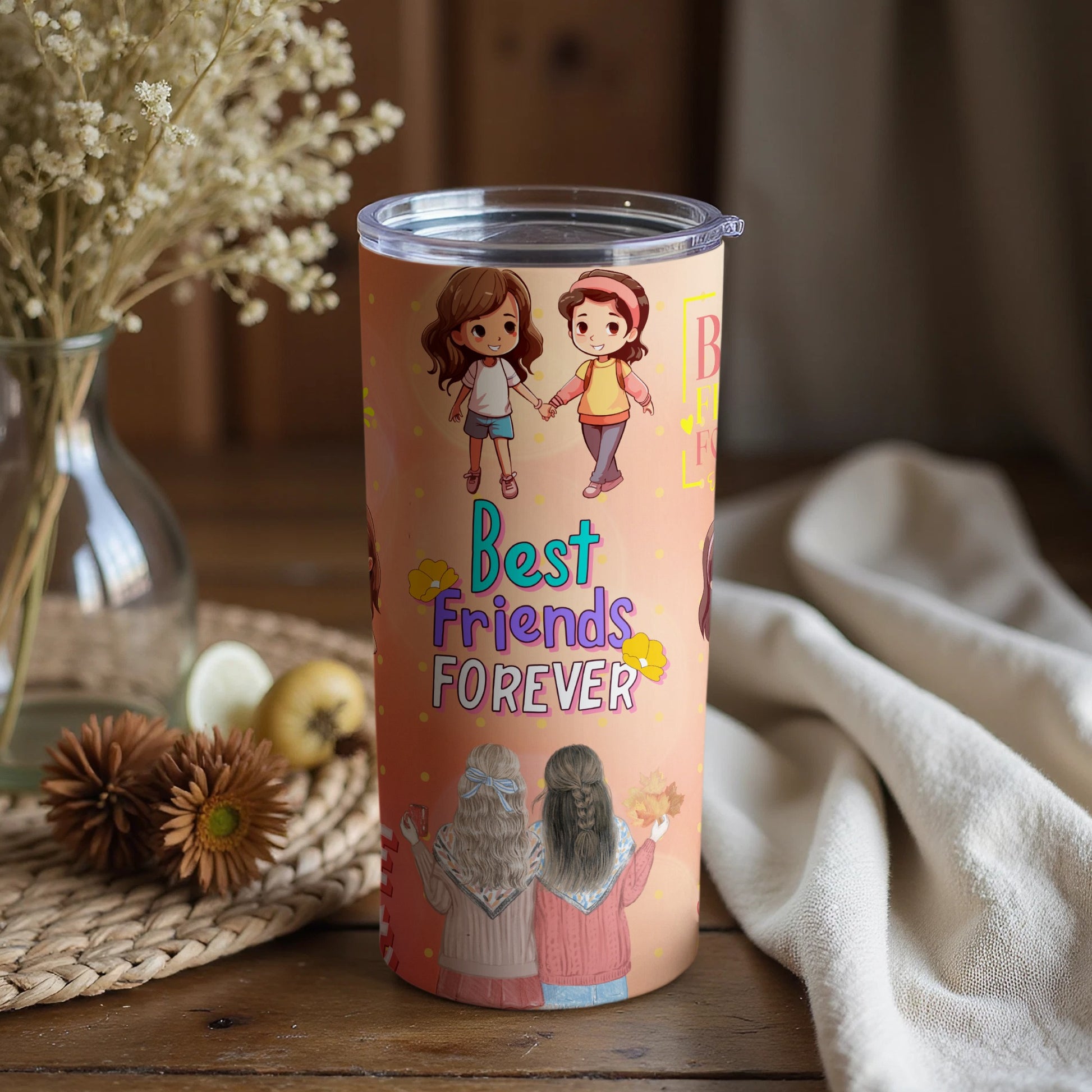 Best Friends Forever tumbler with cute illustrations