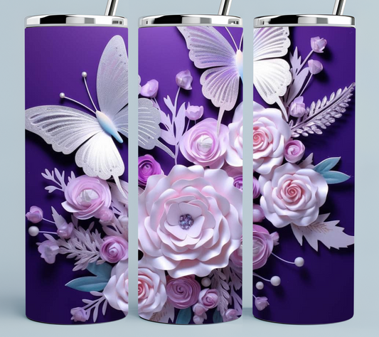 Purple and White Butterfly tumbler with flowers