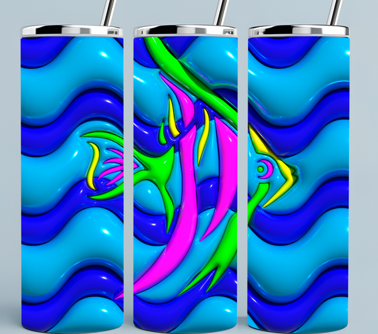 3D Puff Fish tumbler with blues and neon green and pink