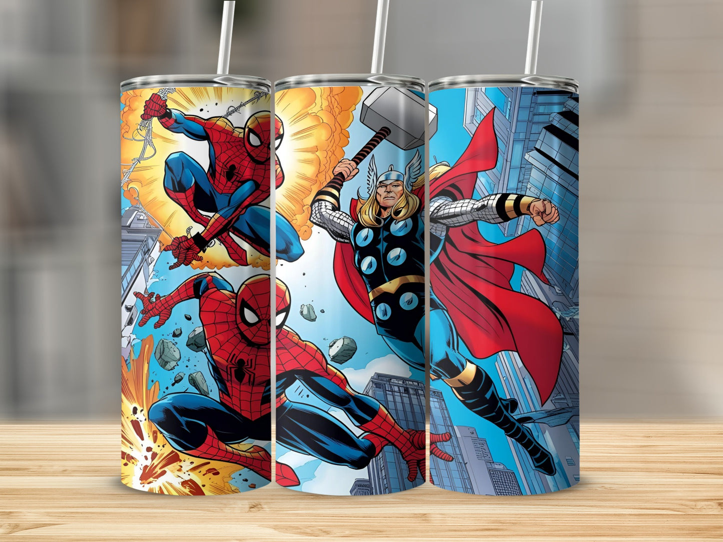Spider-Man and Thor in comic book style art on tumblers.