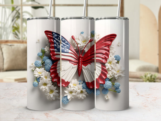 Tumbler with a butterfly designed with the American flag and floral accents.