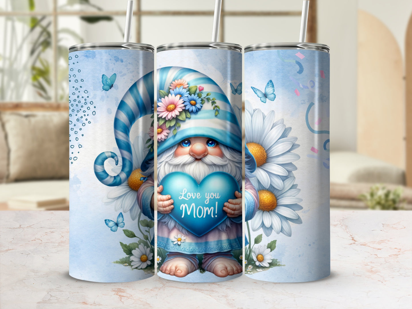 Cute Gnome Love You Mom Tumbler With Flowers Artwork