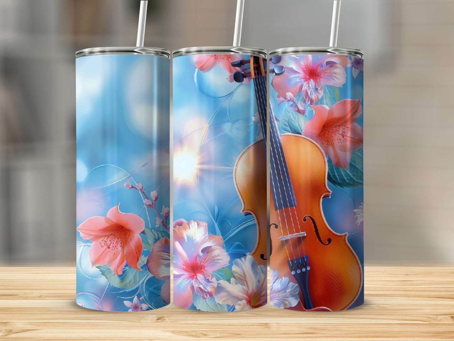 Violin and flowers on a blue, blurred background, with sunlight glinting.