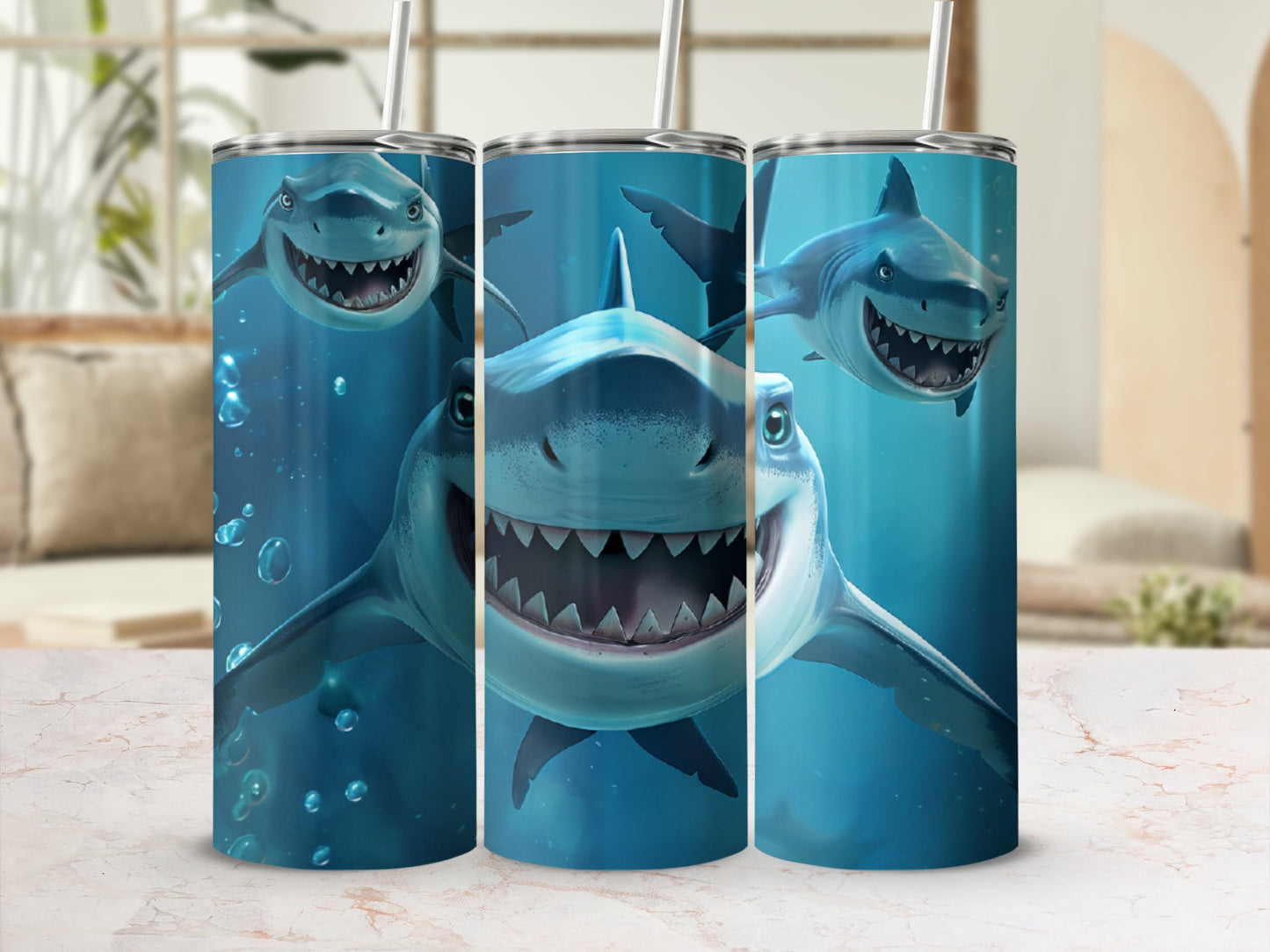 Three cartoon sharks with open mouths and straws swim in blue water.