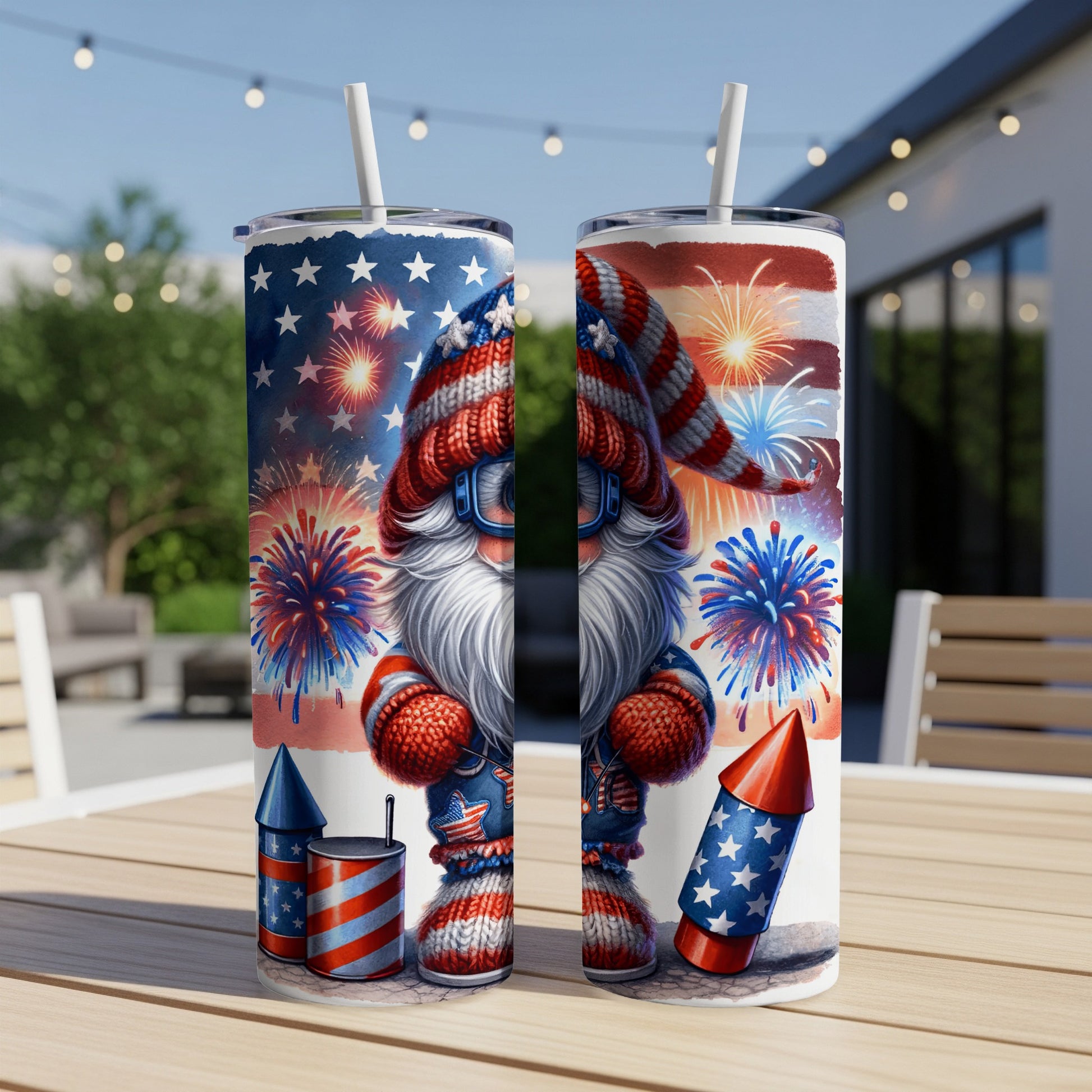 Gnome wearing patriotic hat and overalls with fireworks and rockets.