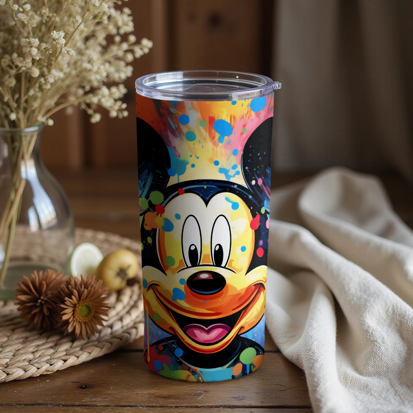Colorful Mickey Mouse Splatter Art Travel Tumbler