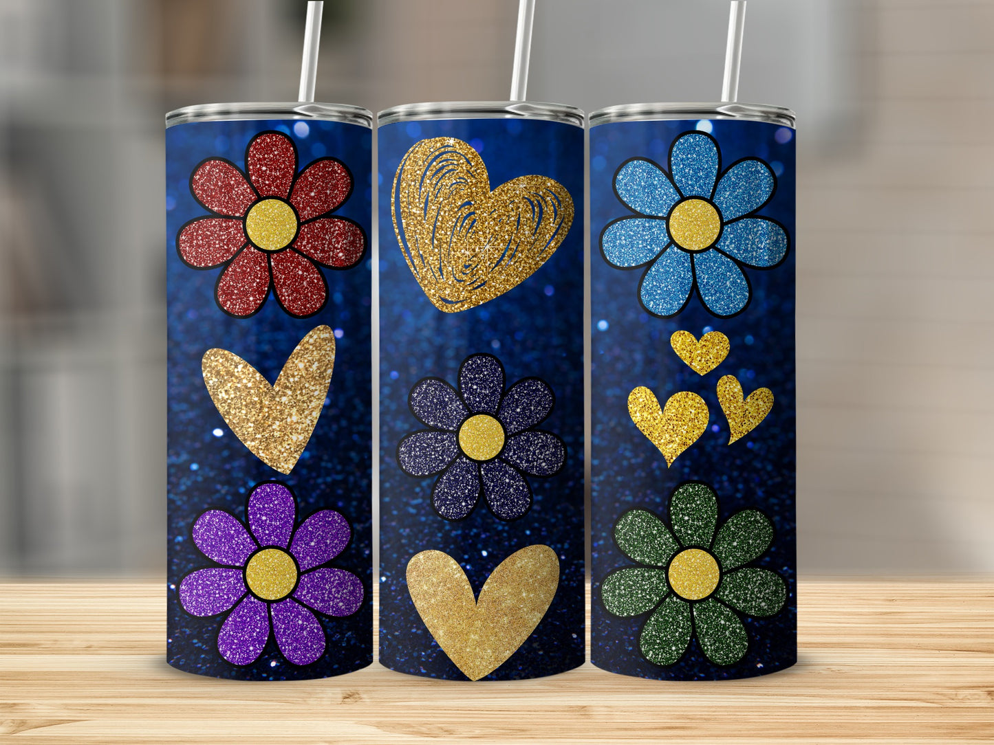 Glitter Heart and Flower Pattern Blue Tumbler