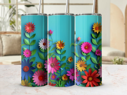 Three teal tumblers with colorful 3D paper flowers and green leaves.
