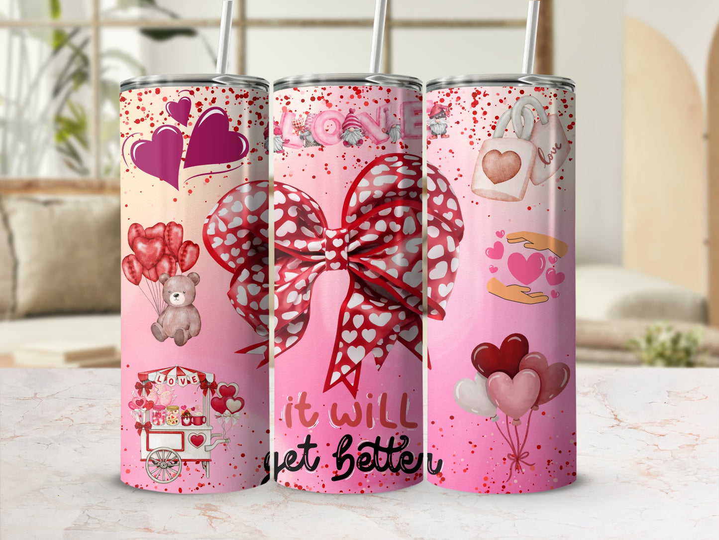 Romantic Valentine Themed Tumbler with Cute Designs