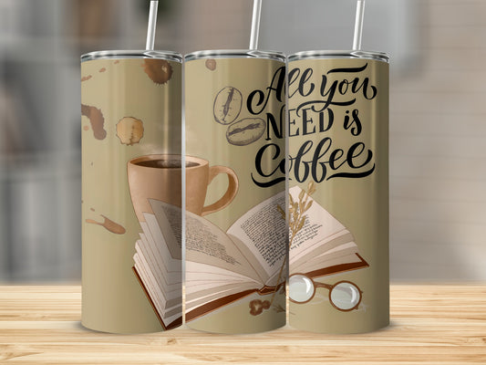 Coffee Lover's Tumbler with Open Book and Quote