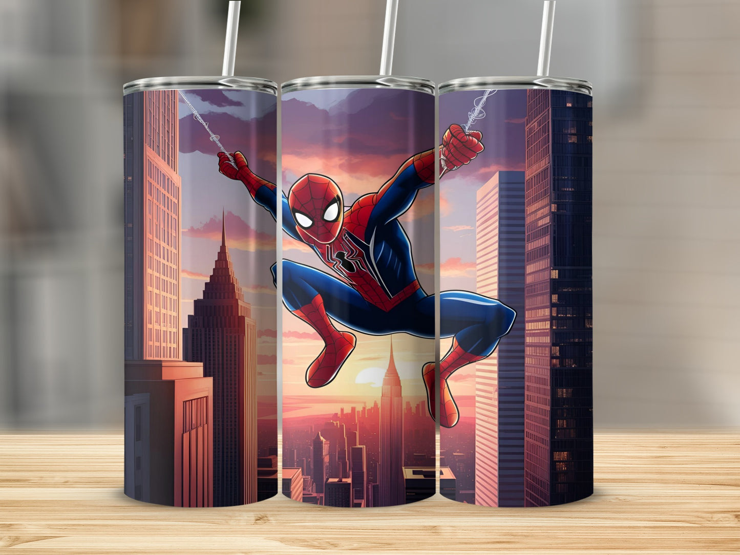 Spiderman swinging between city buildings at sunset.