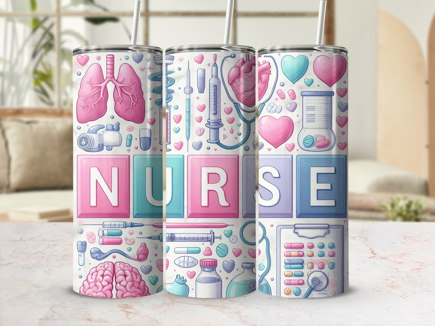 Nurse tumbler with medical icons like hearts, brains, and stethoscopes.