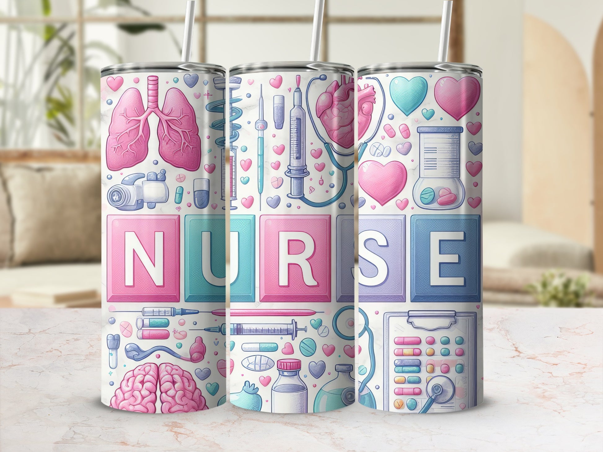 Nurse tumbler with medical icons like hearts, brains, and stethoscopes.