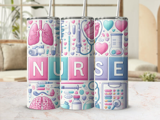 Nurse tumbler with medical icons like hearts, brains, and stethoscopes.