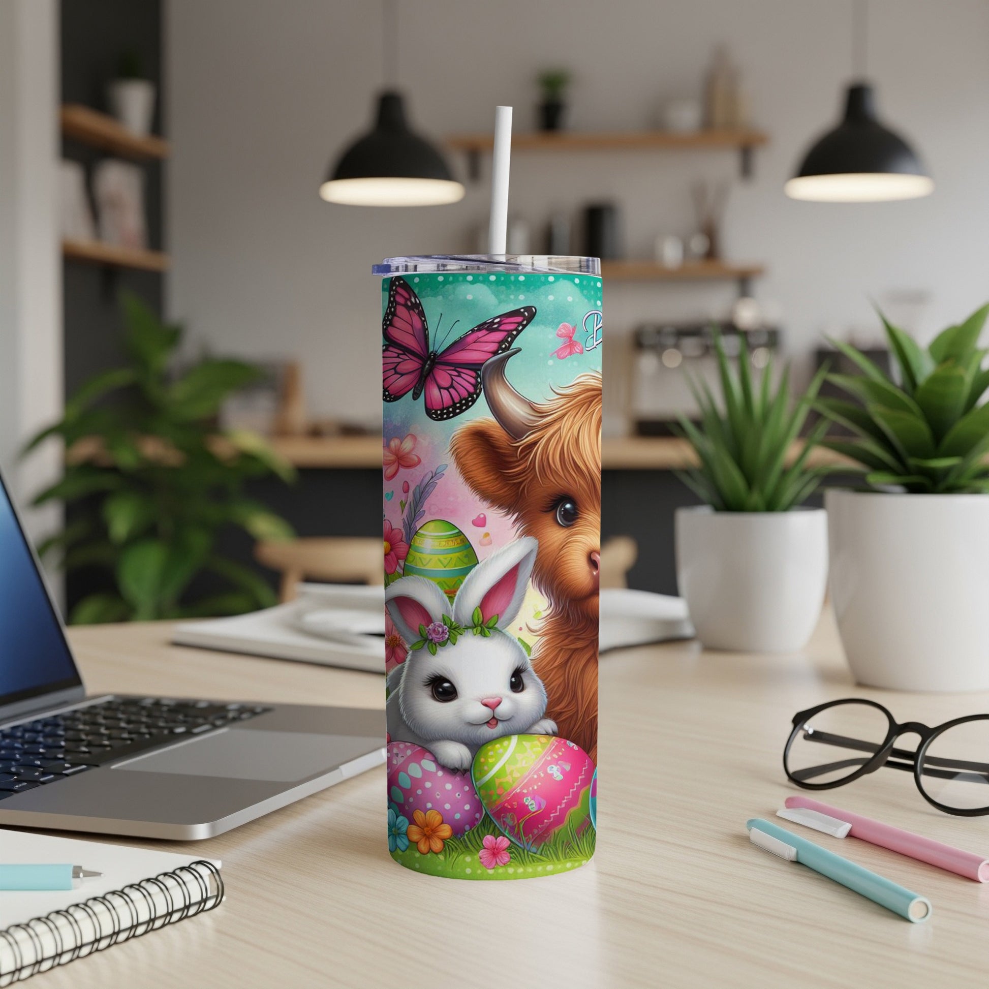 Cute Easter bunny and fluffy highland cow with colorful eggs and butterfly.