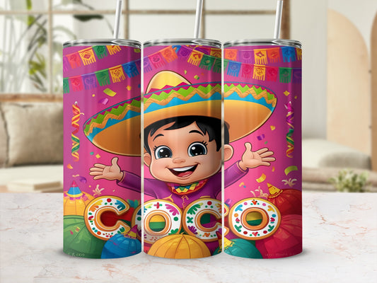 Trio of colorful tumblers featuring a cartoon child in a sombrero and "Coco" text.