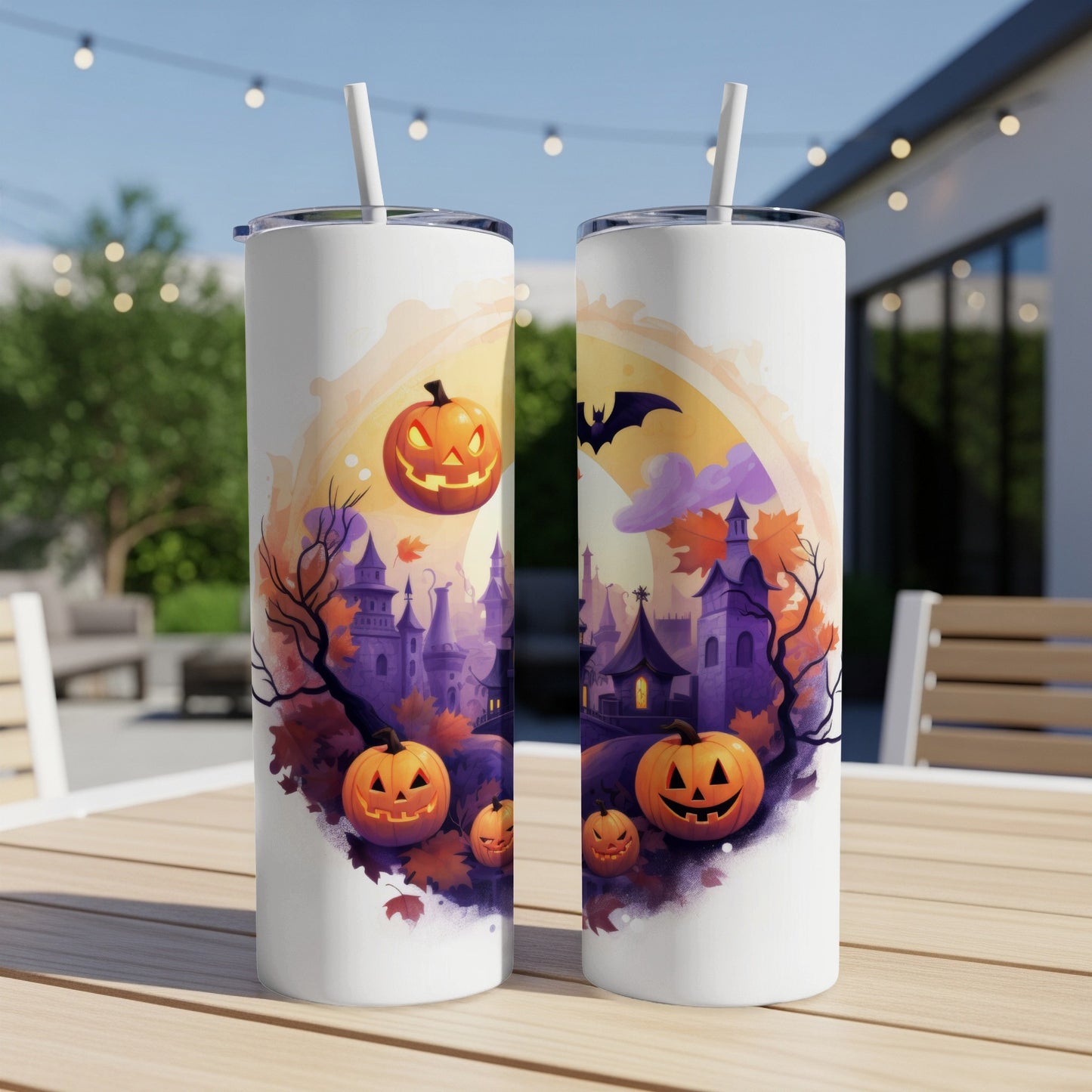 Two tumblers with Halloween spooky castle and pumpkin designs.