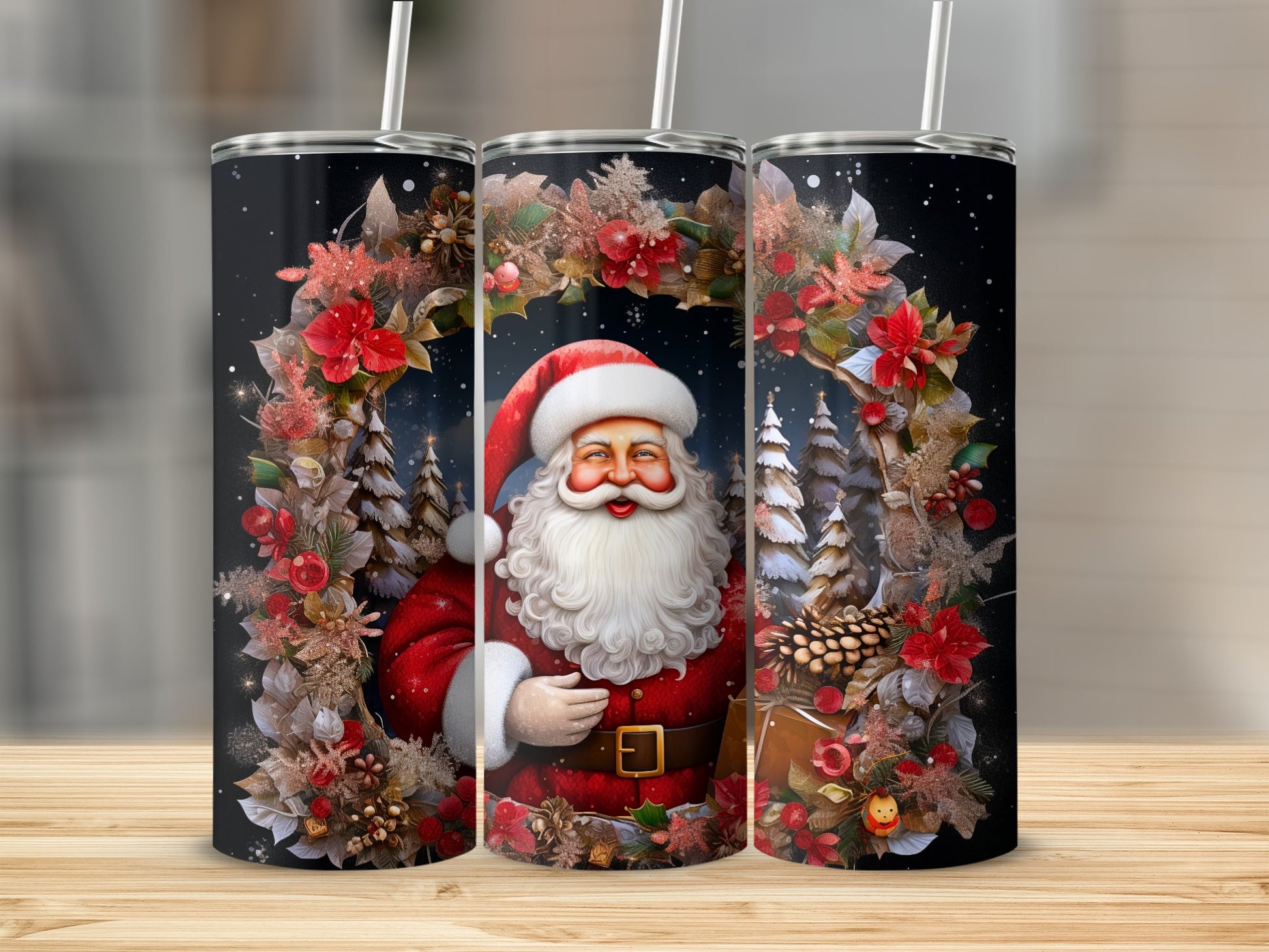 Festive Santa Claus Tumbler with Christmas Wreath Design