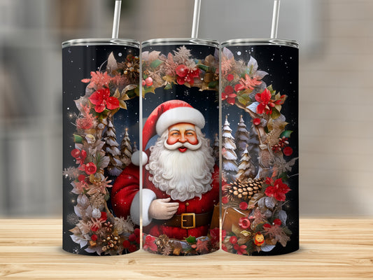 Festive Santa Claus Tumbler with Christmas Wreath Design