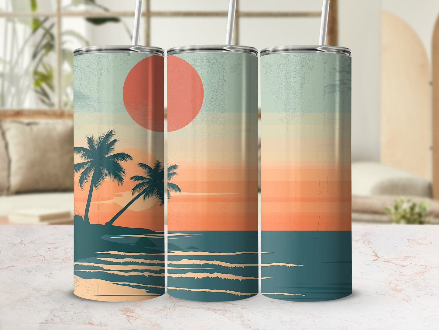 Three tumblers with a retro sunset beach scene and palm trees.