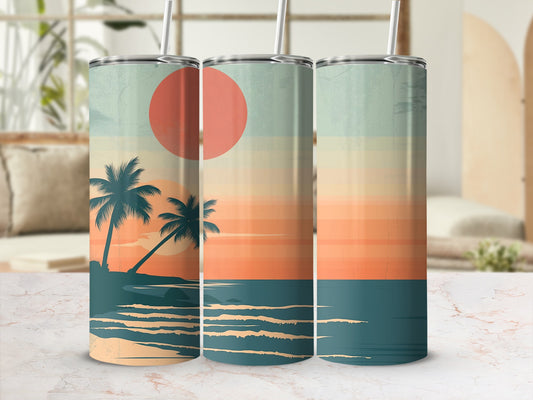 Three tumblers with a retro sunset beach scene and palm trees.